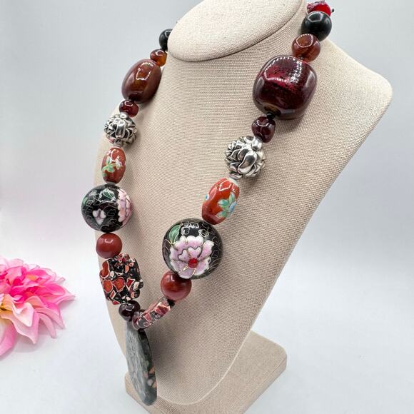 Handmade Chunky Beaded Necklace Unakite Cloisonné Ceramic Glass Eclectic Heavy - Picture 12 of 16